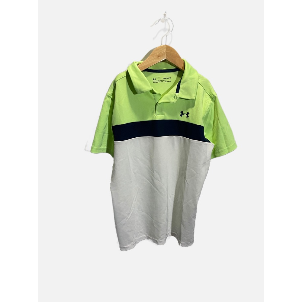 Under Armour Polo Shirt Kids YLG Green‎ Colorblock HeatGear Athletic Golf Top